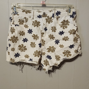 Khaki + Blue White Floral Shorts High Rise Raw Edge Rigid Denim‎ Size 9 29 A463